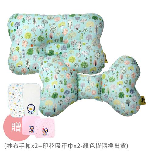 LoDo 透氣樂豆枕/護頸枕+Breeze 透氣雲朵枕/護頭枕-1 + 1 組-森林公園x2-紗布手帕x2+印花吸汗巾x2-顏色皆隨機出貨