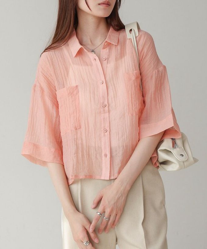 日本 Bab - 透膚感清爽短版五分袖襯衫-水藍 (M)