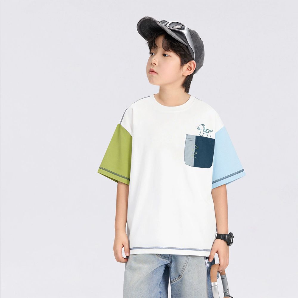 -3℃瞬間涼感短袖T-撞色口袋-藍拼綠