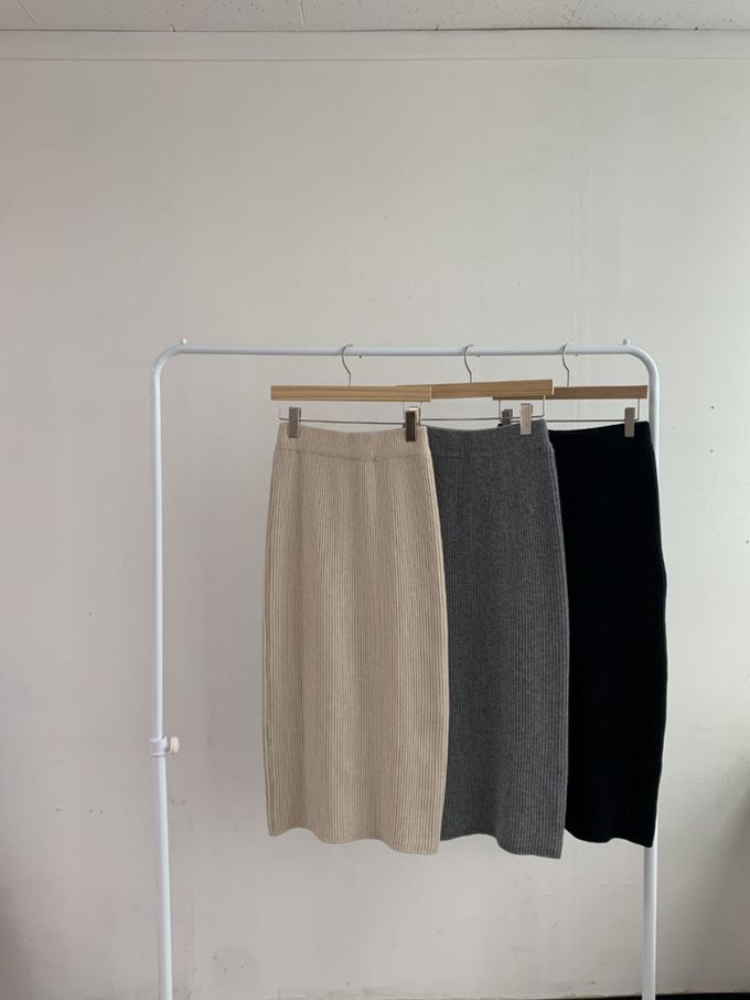 韓國女裝連線 - 彈性混羊毛坑條中長裙-灰 (FREE)