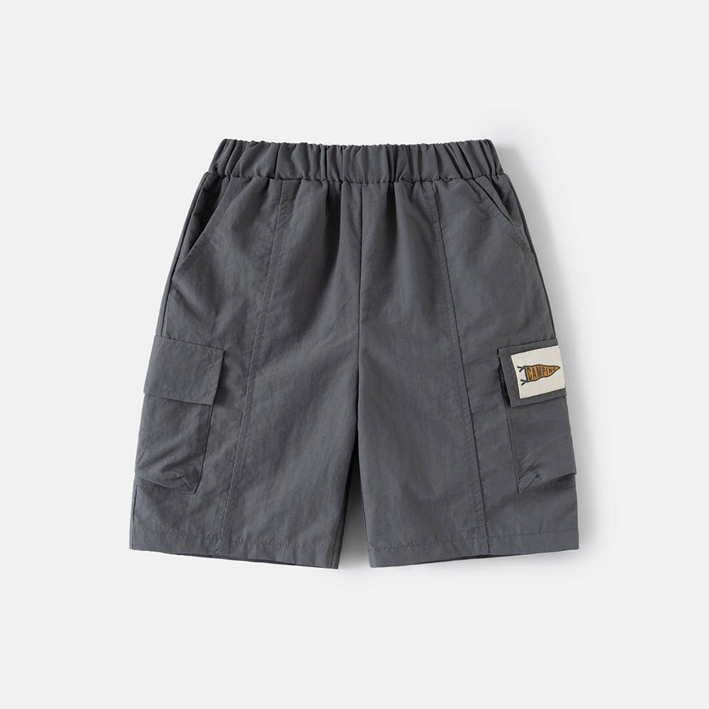 腰鬆緊休閒五分褲-口袋貼標-灰色