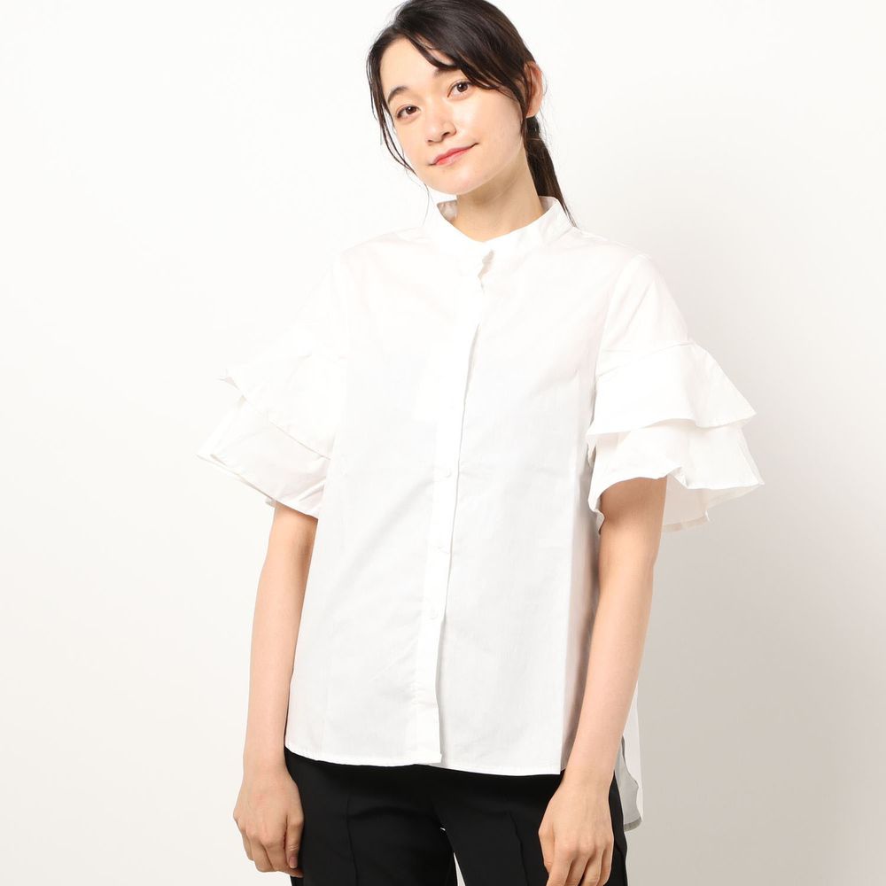 日本 Riche Glamour - 純棉 落肩雙層蛋糕袖設計五分袖襯衫-白
