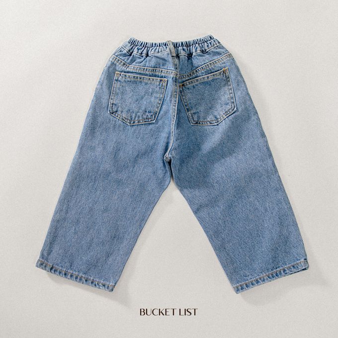 韓國 BUCKET LIST - 鬆緊腰刷破丹寧牛仔長褲-淺藍
