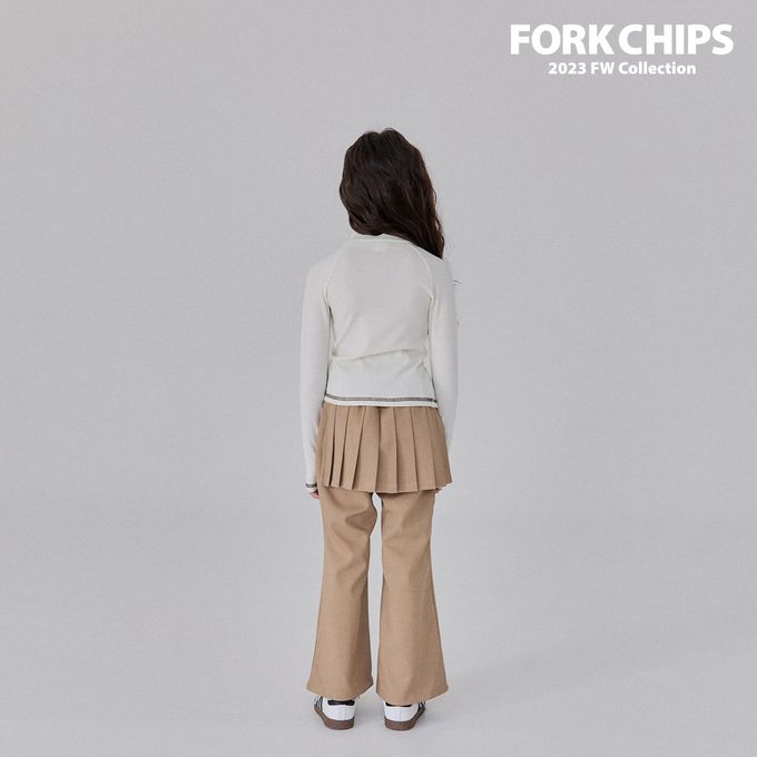 韓國 FORK CHIPS - 鬆緊腰裝飾百褶裙微喇叭長褲-卡其