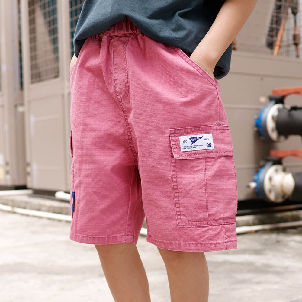 純棉腰鬆緊工裝五分褲-布標口袋-粉色