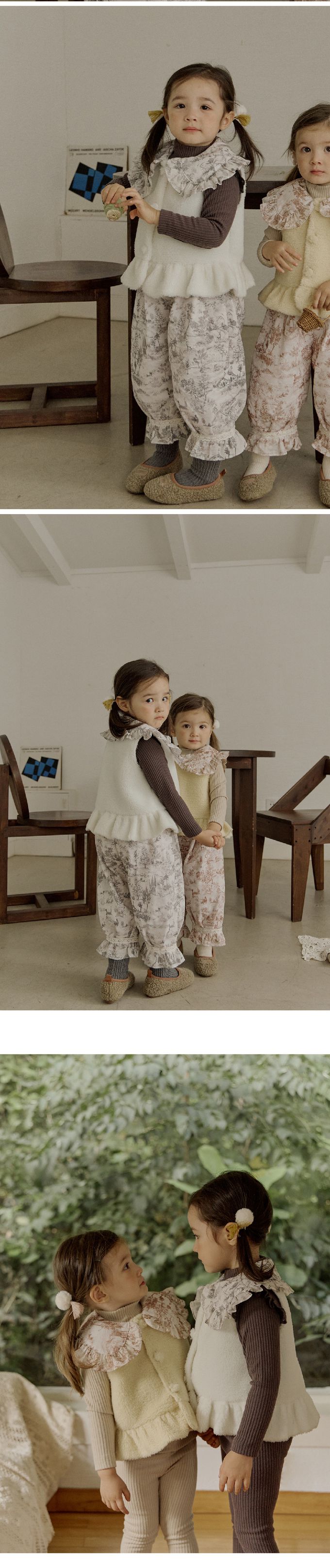 韓國 Puellaflo - 古典水墨印領裝飾毛絨背心-象牙白X黑灰