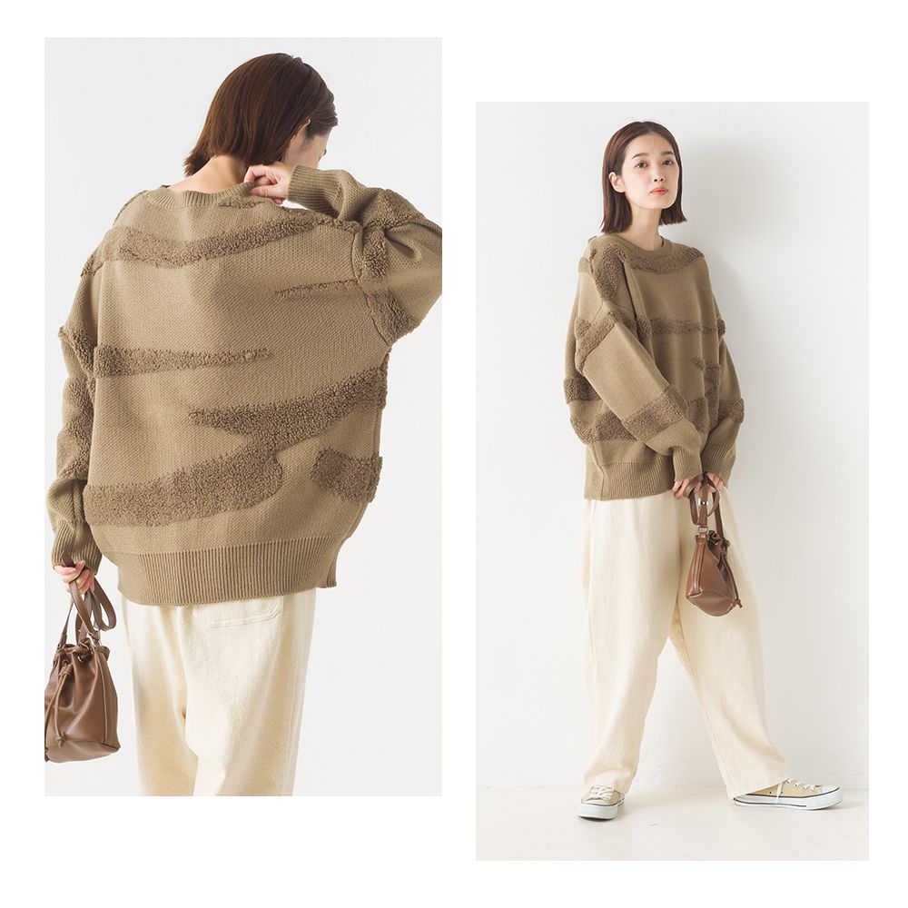 日本 OMNES - 不規則毛絨設計針織毛衣-奶油杏