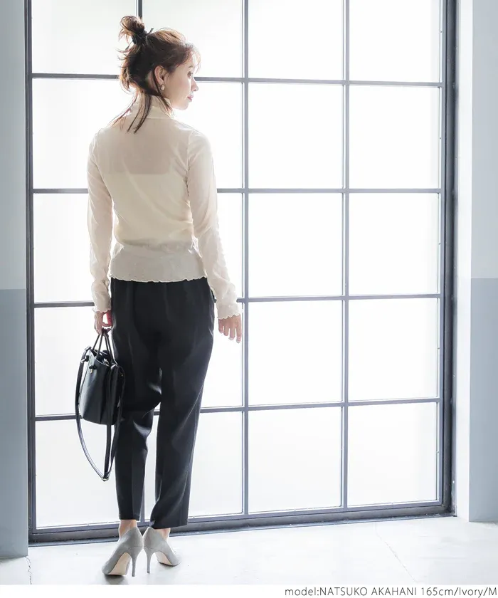 日本 COCA - 高領微透感長袖內搭/上衣-深藍