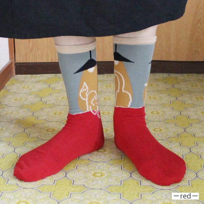 日本女裝代購 - 日本製 伊索寓言印花長襪-狐狸和鶴-洋紅 (23-25cm)