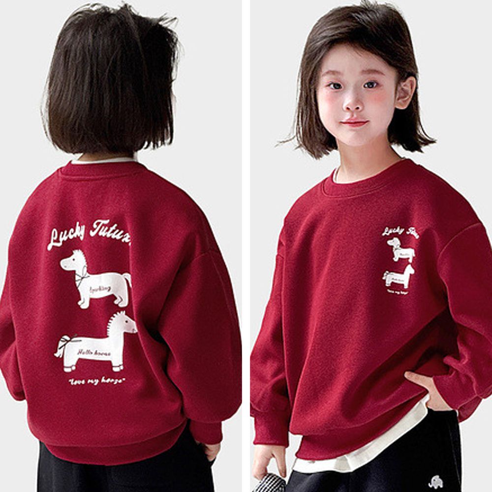 長袖上衣/大學T-萌趣小馬-紅色