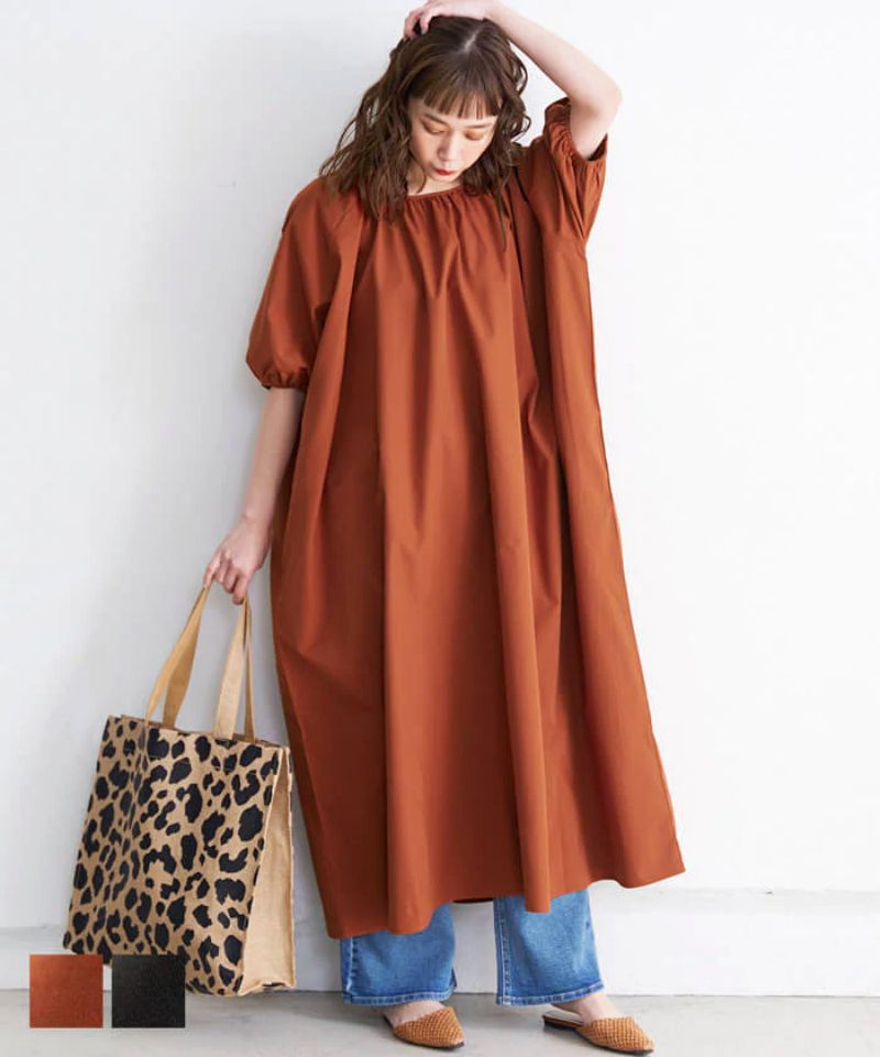 日本 COCA - 超寬鬆抓皺圓領五分袖長洋裝-橘