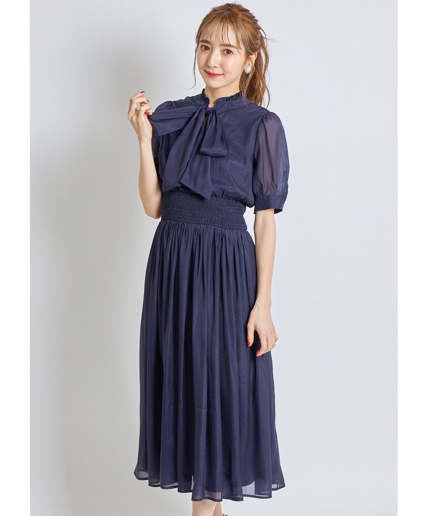 日本 tocco-closet - 2WAY甜美蝴蝶結雪紡洋裝-海軍藍