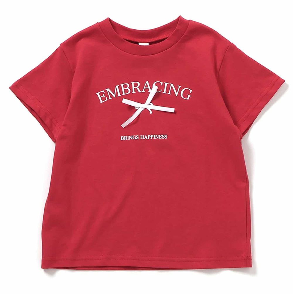 每天都想穿的純棉印花短袖T恤-氣質緞帶-紅