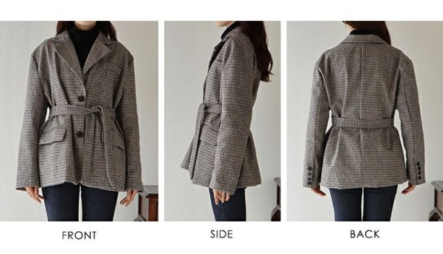 日本 BLUE EAST - 千鳥格帥氣西裝短版風衣外套(附綁帶)-深灰