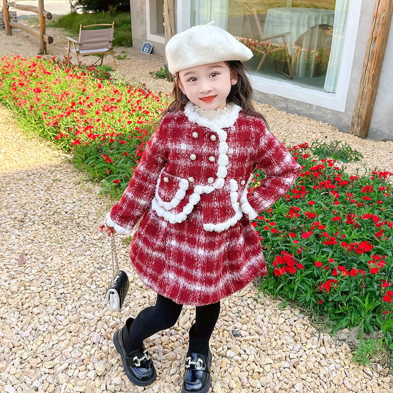 小香風綿綿雲朵連身裙套裝-背心裙+長袖外套-紅色