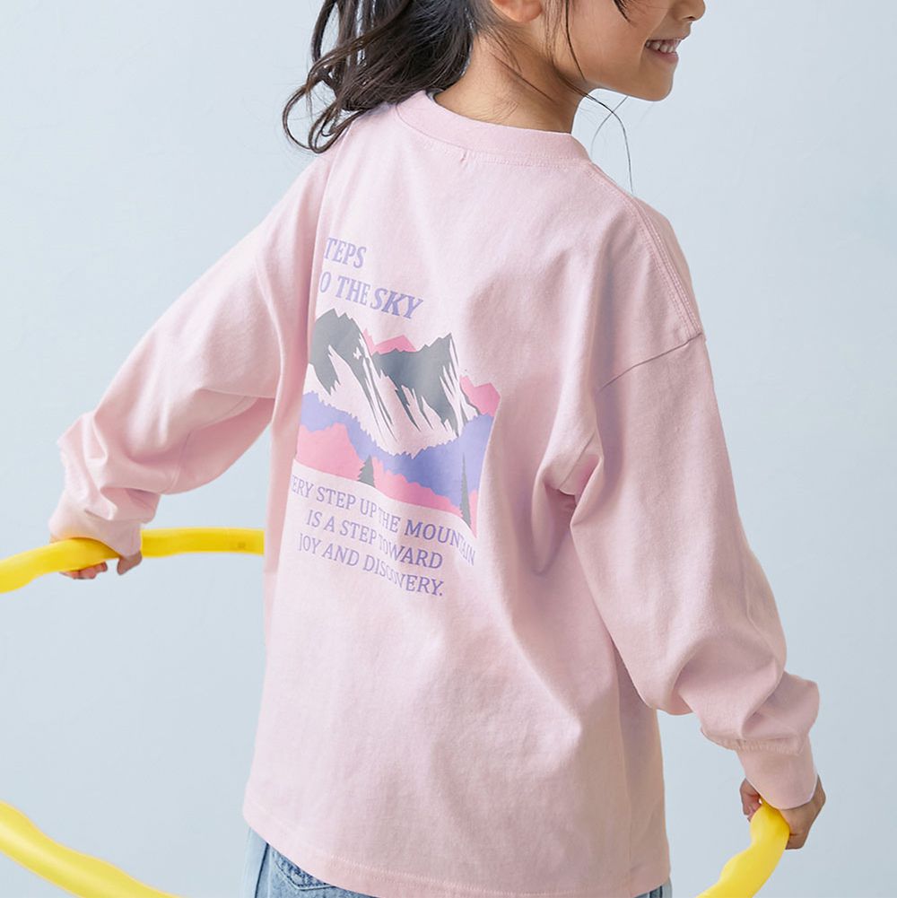 100%棉 寬鬆版型縮口長袖上衣-雄偉山脈-粉紅