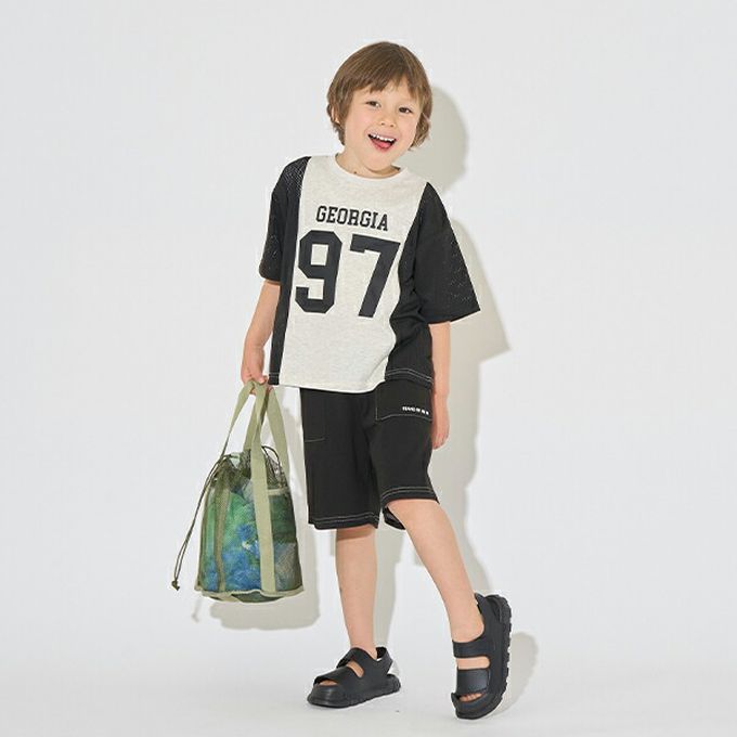 日本 b-ROOM - 透氣網眼數字印花T恤-水藍x灰藍