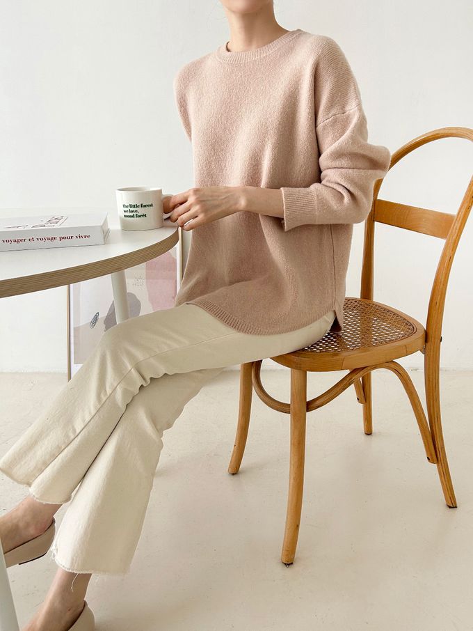 韓國女裝連線 - 極簡針織弧形下擺上衣-淺粉 (FREE)