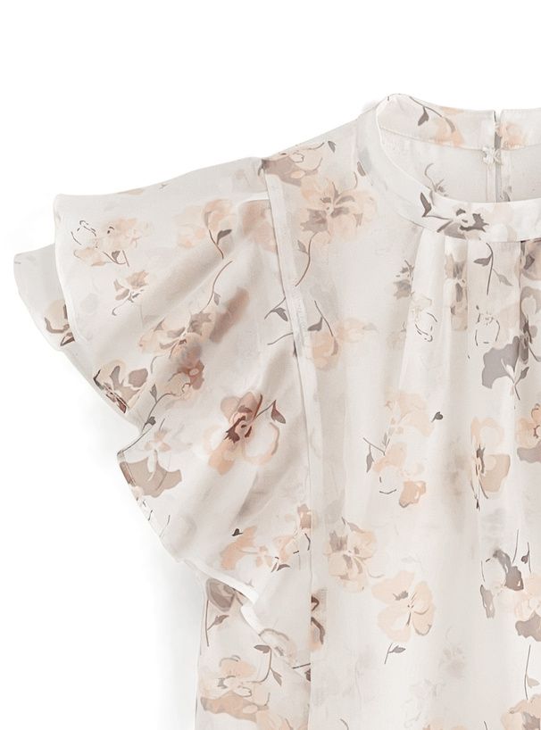 日本 GRL - 清新碎花雪紡荷葉袖上衣-淺水藍 (F)