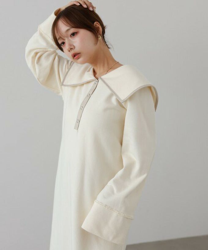 日本 Bab - 滾邊個性大翻領休閒長袖洋裝-象牙