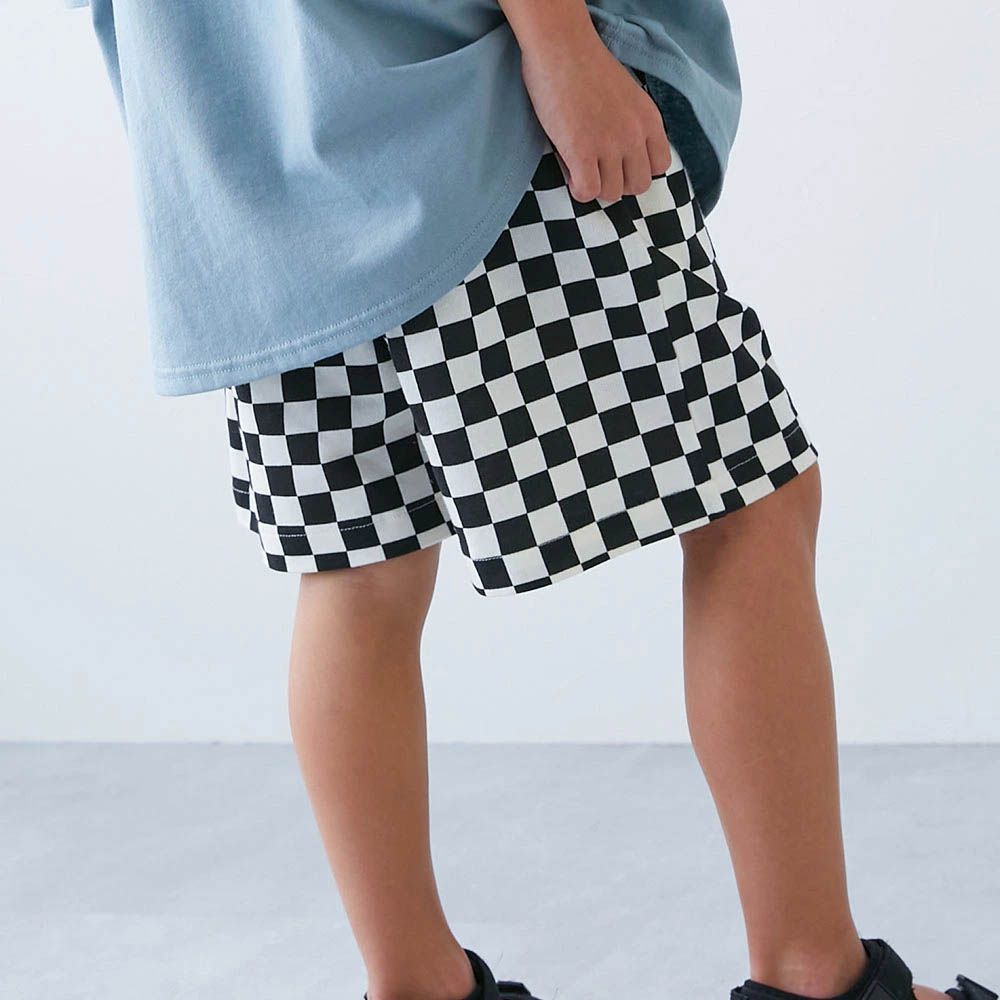 夏日印花純棉寬版短褲-棋盤格-黑白