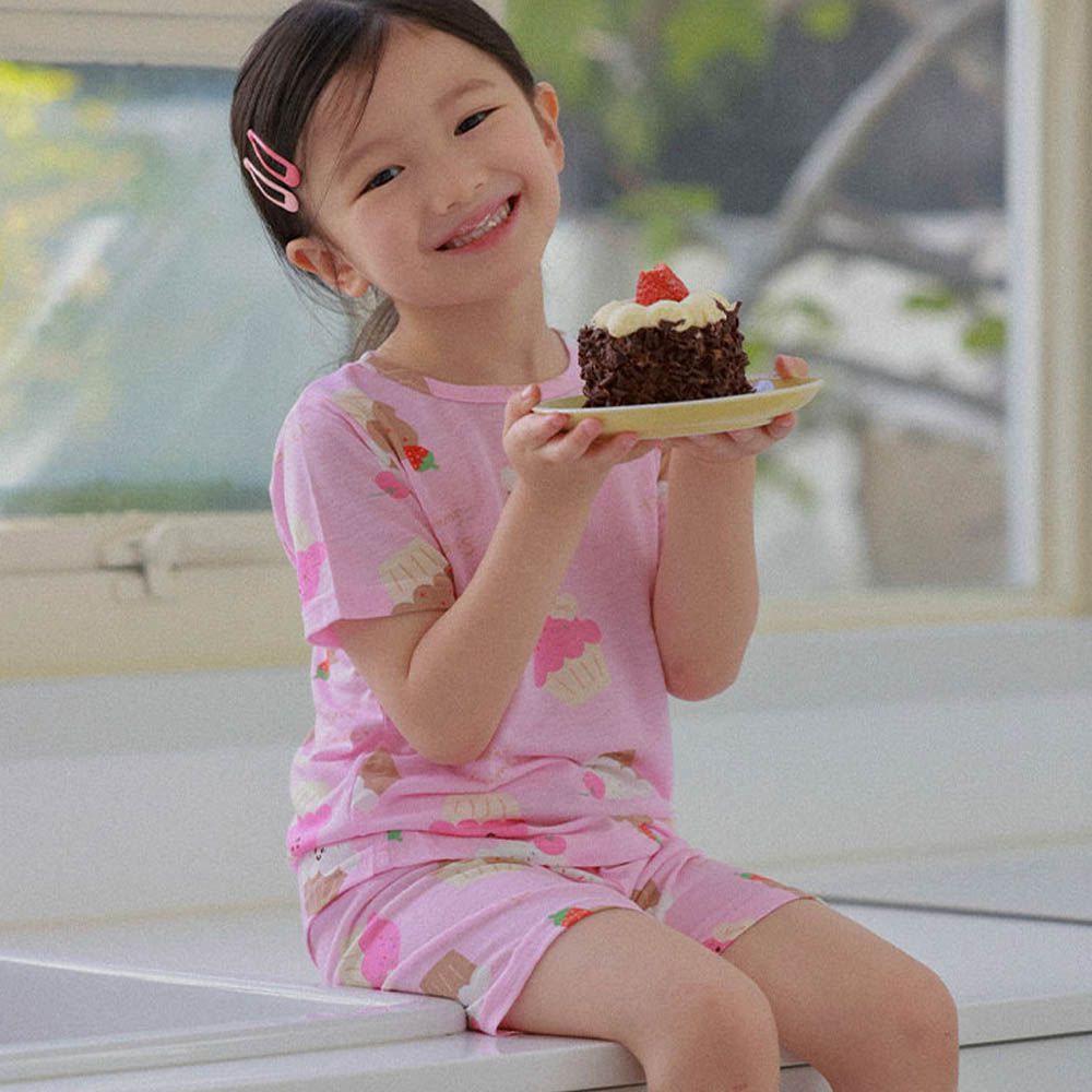 輕透涼感嫘縈短袖家居服-杯子蛋糕-粉