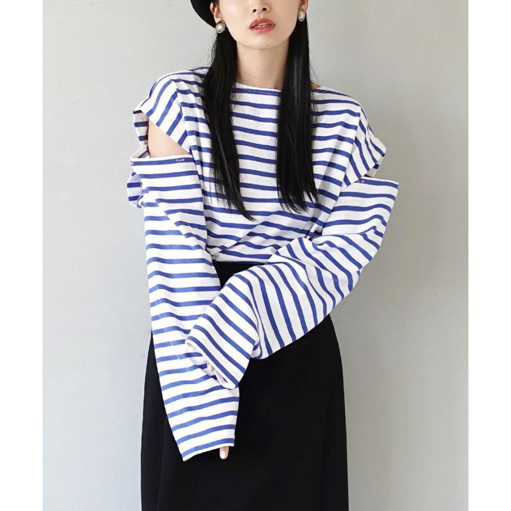 日本 zootie - 抗油污 時尚挖袖設計長袖上衣-條紋-白x藍