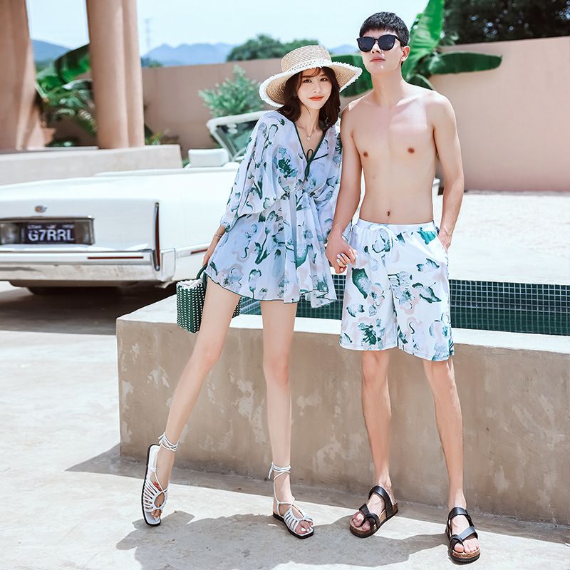 男士泳褲-潑墨葉片-綠+白-直播專屬