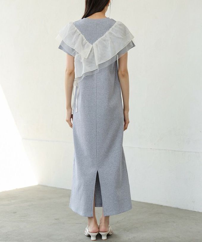 日本 Bab - 不對稱交叉薄紗拼接短袖洋裝-淺灰