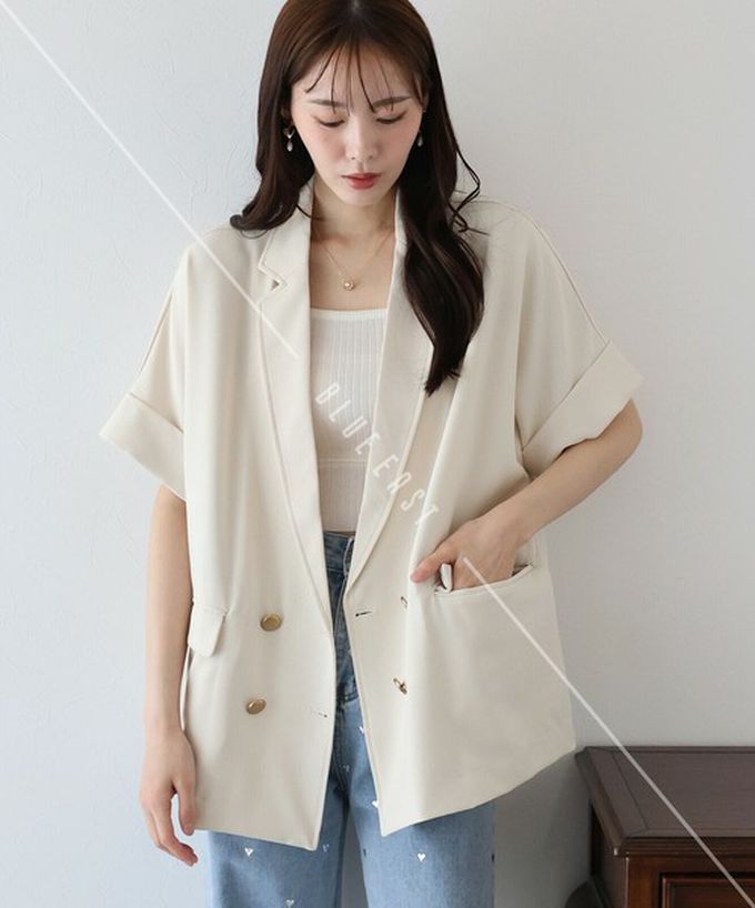 日本 BLUE EAST - 亞麻感氣質金釦短袖西裝外套-卡其杏