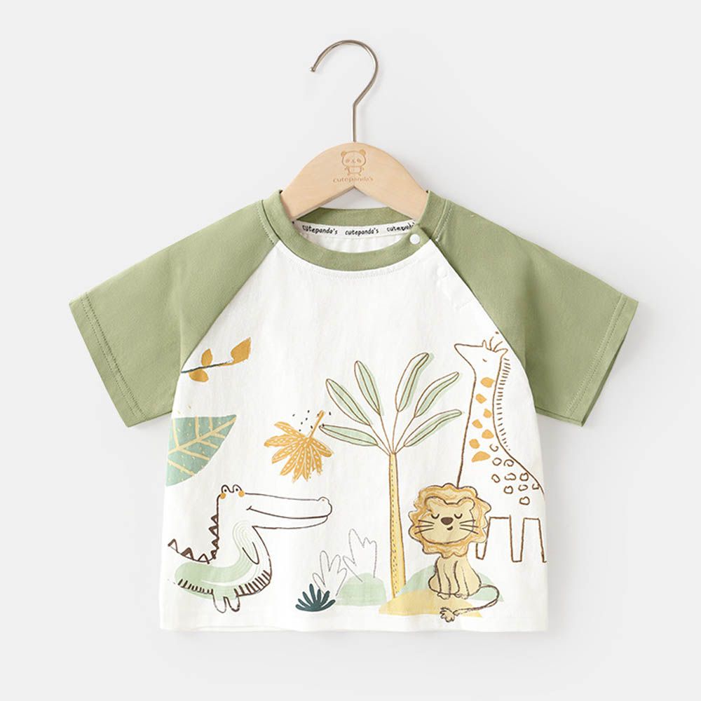 純棉圓領短袖上衣-動物塗鴉-綠色拼袖