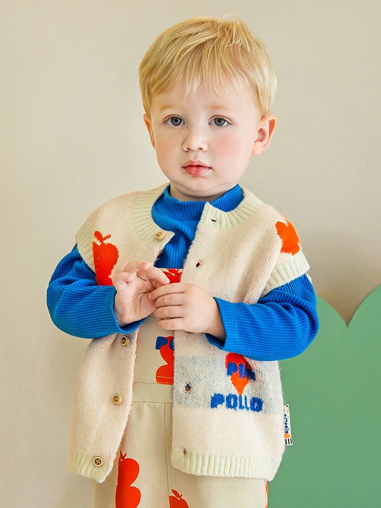 韓國Pimpollo - 愛心印花開衫針織背心-藍