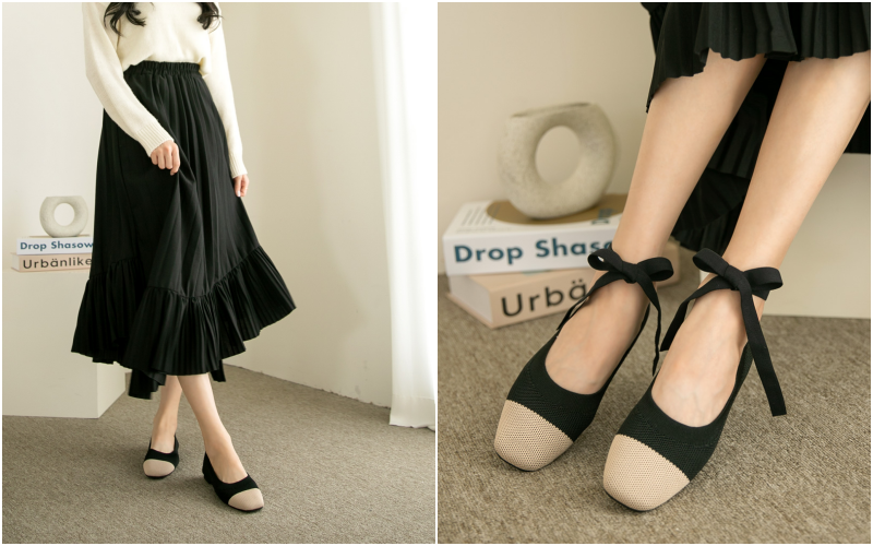 韓國 PINKELEPHANT - 針織綁帶平底包鞋(1.5cm)-杏