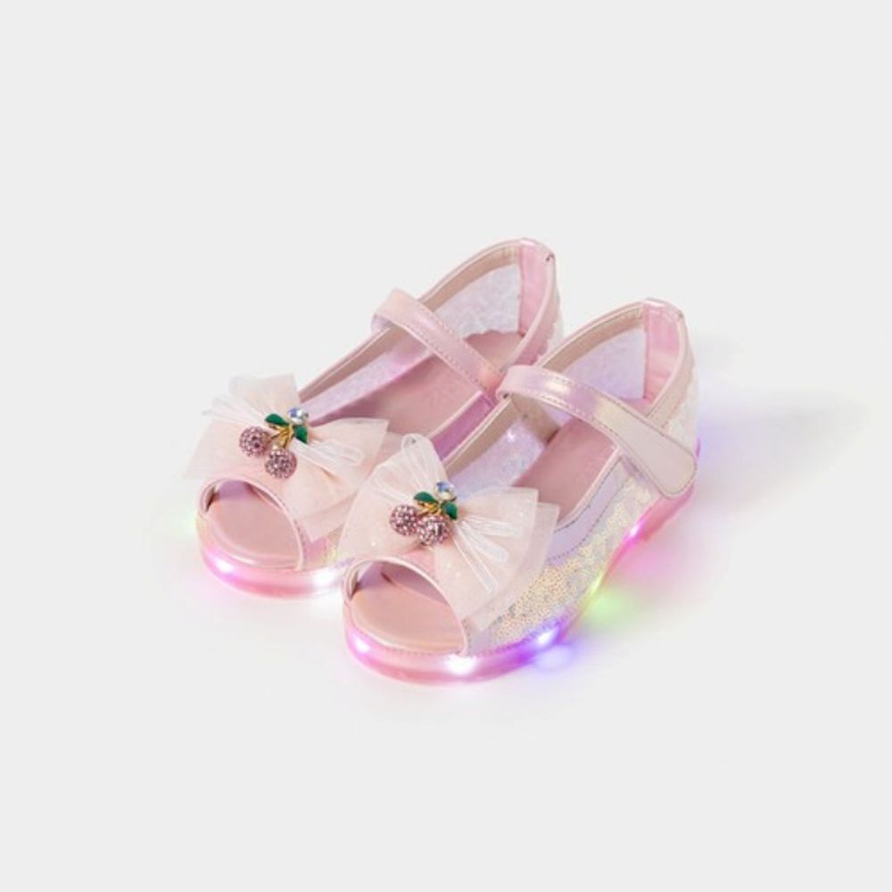 (LED)蝴蝶結櫻桃鑽飾亮片魚口公主涼鞋-粉