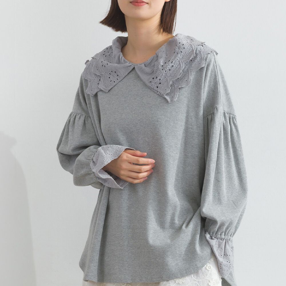 精緻蕾絲領落肩喇叭袖上衣-淺灰