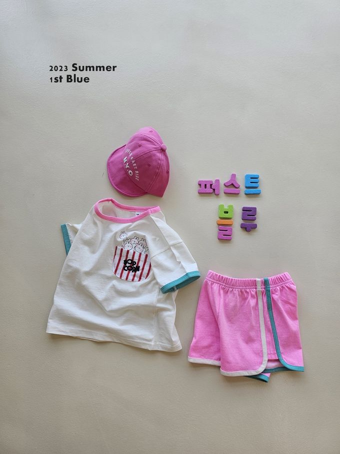 韓國 First Blue - 圓領純棉口袋短袖上衣-爆米花兔兔-黑X綠X黃