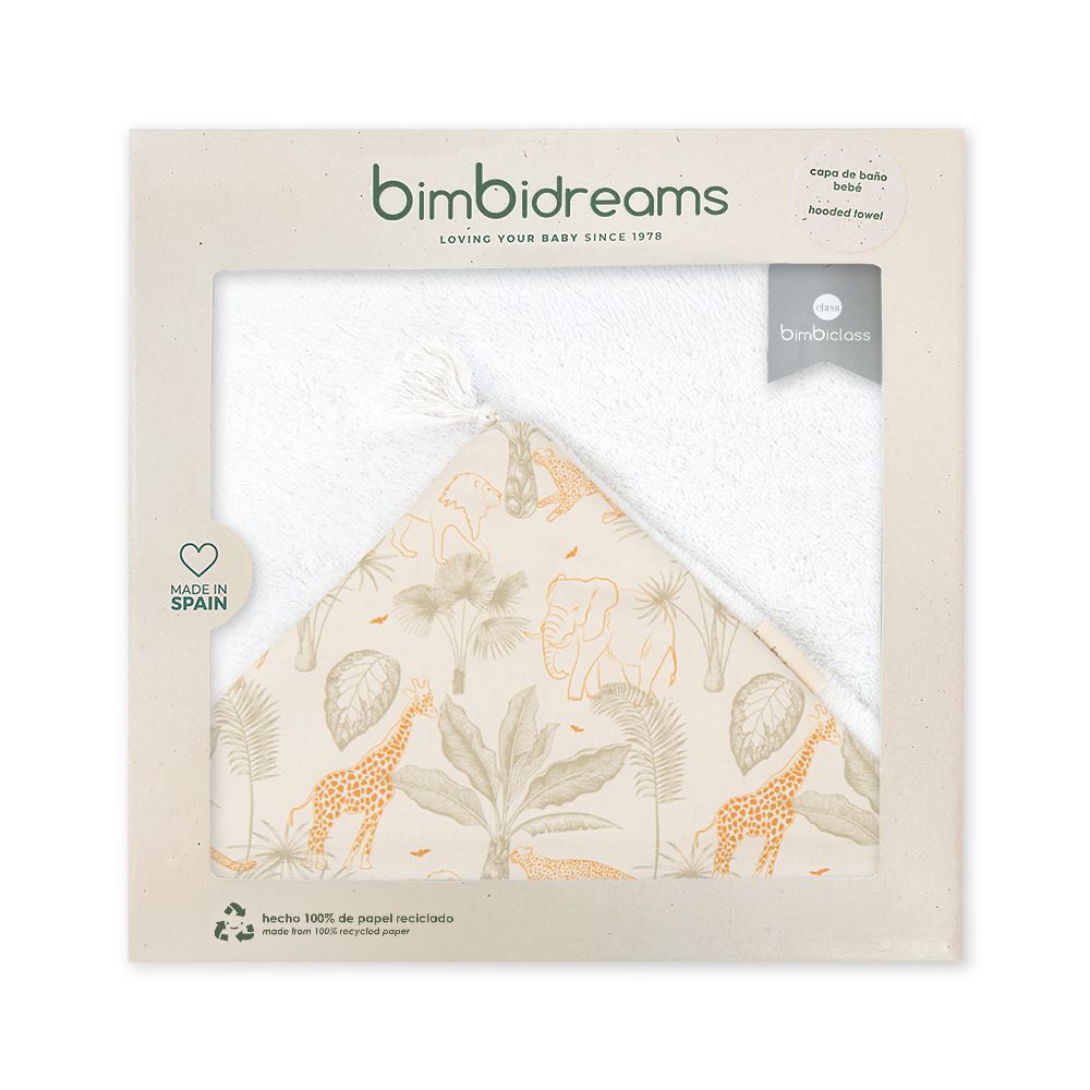 【bimbidreams】竹纖維流蘇連帽浴巾禮盒 100x100cm(寶寶新生兒禮 滿月禮 彌月禮 嬰兒禮盒)-叢林長頸鹿(白)