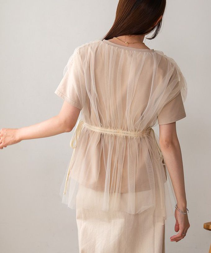 日本 Bab - 仙氣皺摺薄紗 腰綁帶短袖上衣-象牙黃
