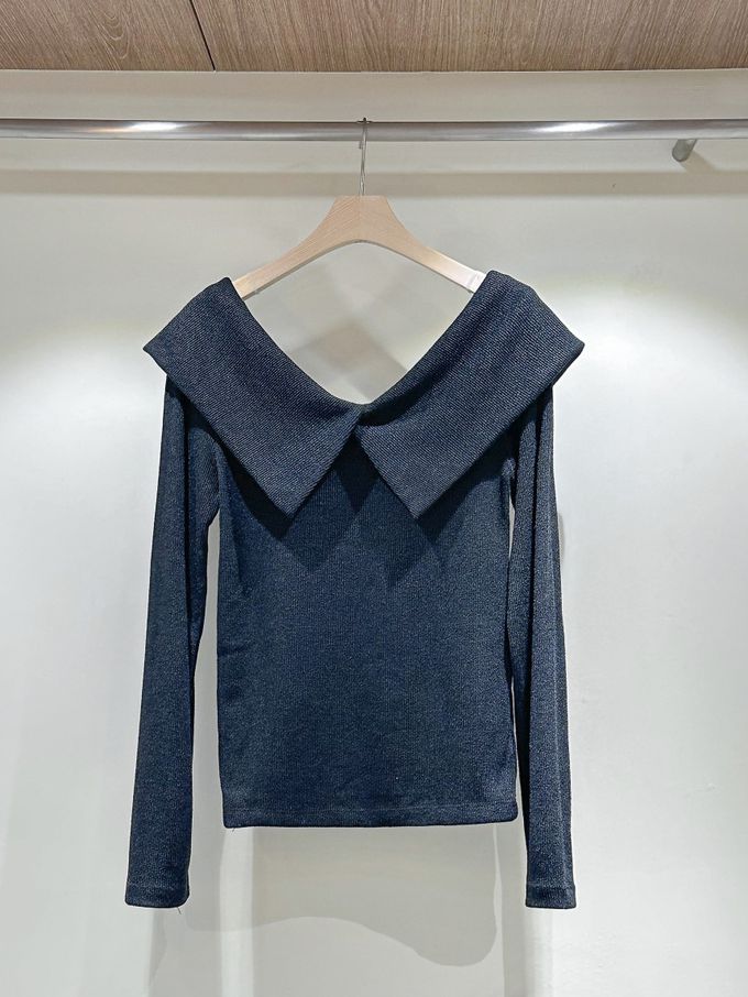 韓國女裝連線 - 微露鎖骨大翻領長袖上衣-黑 (FREE)