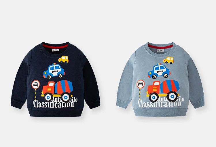 純棉圓領長袖上衣/大學T-水泥車+警車-深藍色