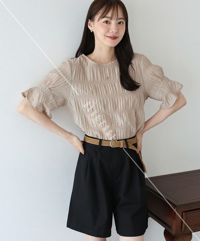 日本 BLUE EAST - 細緻圓點緹花透膚短袖上衣-黑