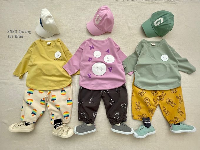 韓國 First Blue - 手繪微笑印長袖上衣-芥黃