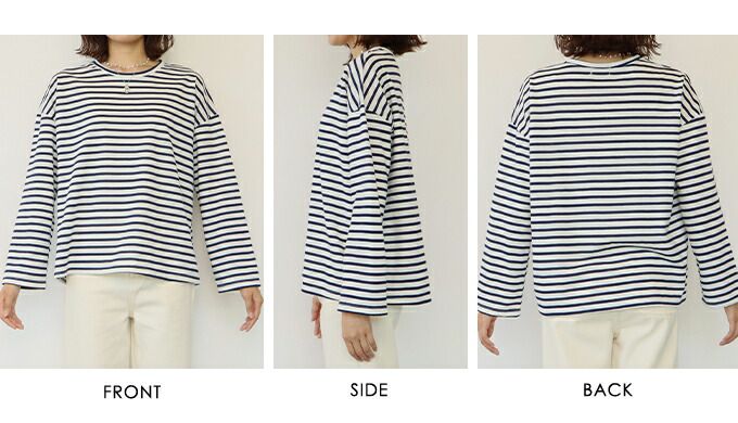 日本 BLUE EAST - 百搭落肩休閒長袖上衣-條紋-軍綠