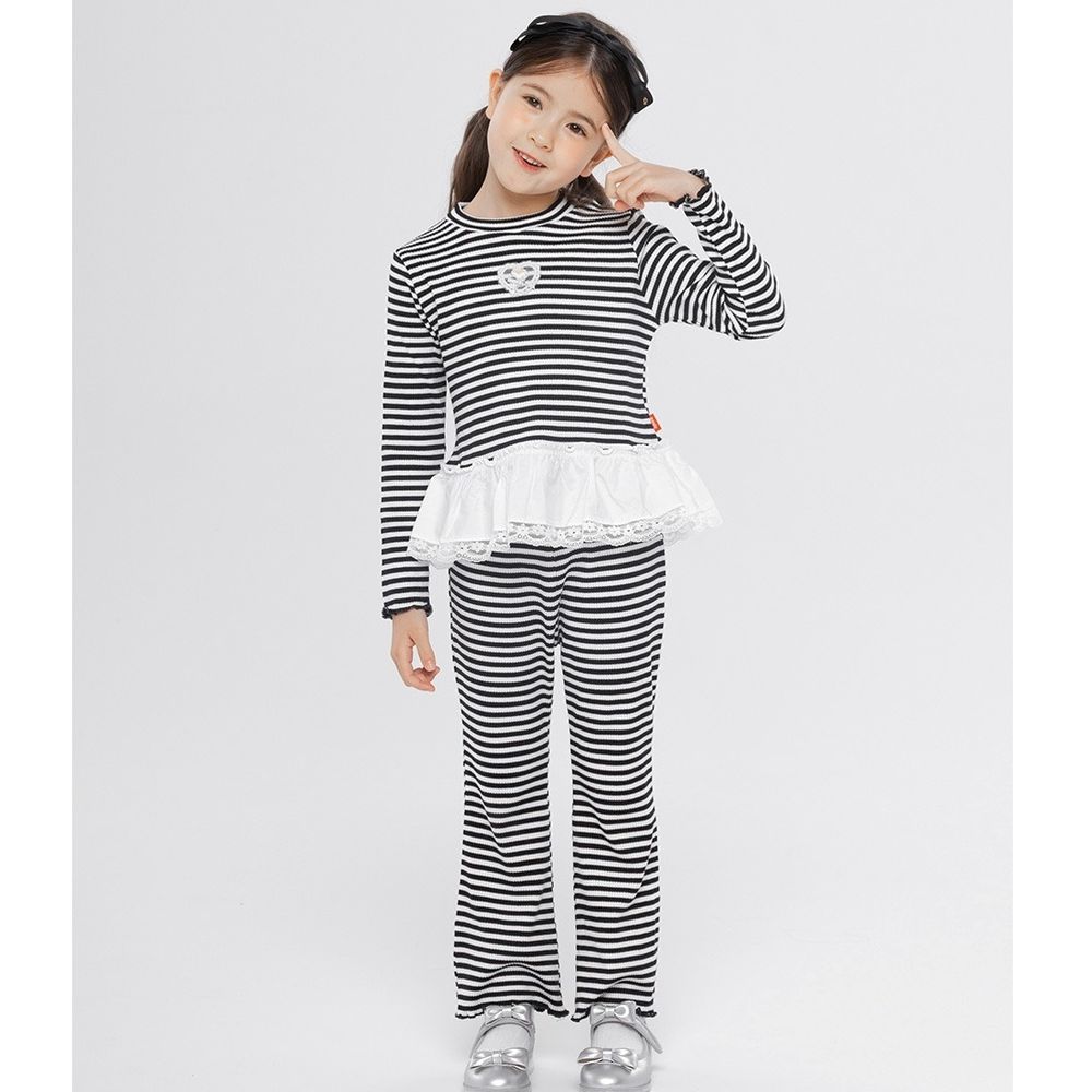 心形刺繡蕾絲拼接條紋長袖套裝-黑X白