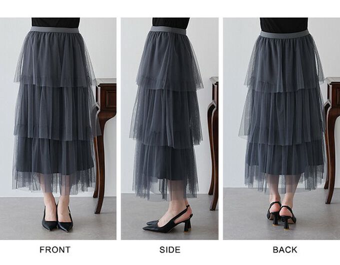 日本 BLUE EAST - 夢幻搖曳感層次薄紗長裙-炭灰