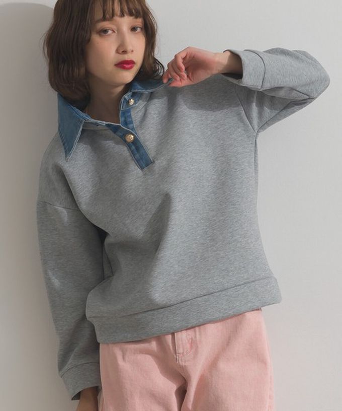 日本 ELENCARE DUE - 牛仔領層次感厚磅休閒長袖上衣-灰