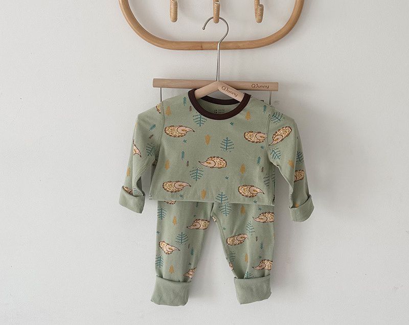 棉質圓領長袖家居服套裝-鱷魚-灰色