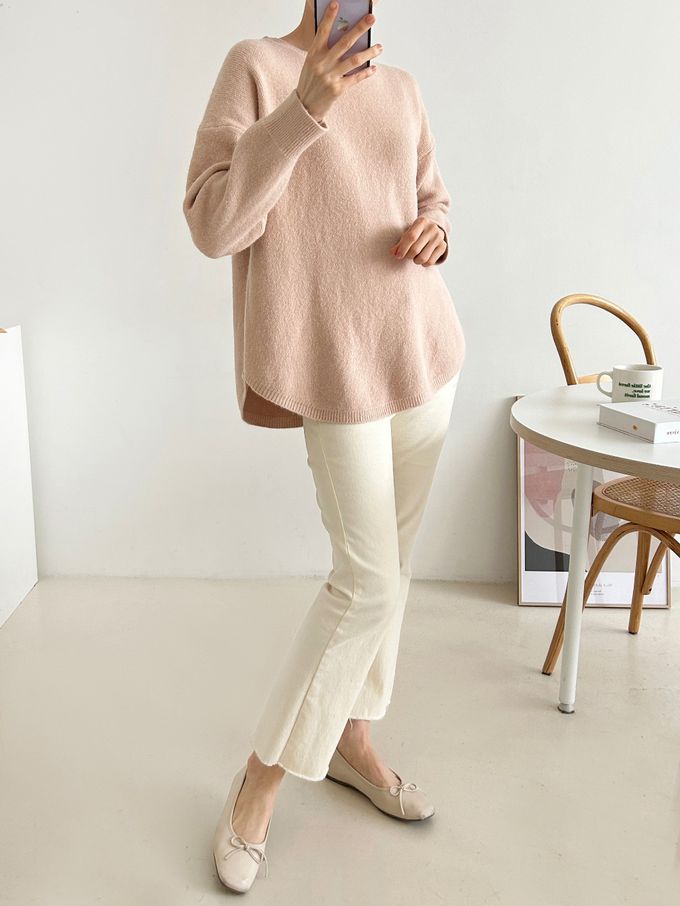 韓國女裝連線 - 極簡針織弧形下擺上衣-淺粉 (FREE)