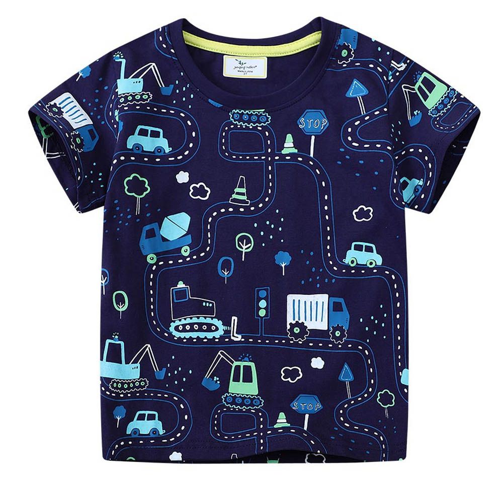 棉質圓領短袖上衣-車車路線-藏青