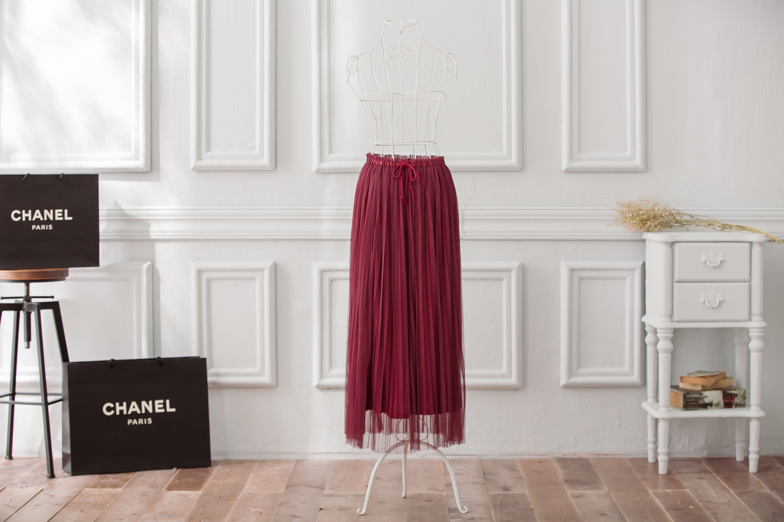 Peachy - 獨家訂製綿柔優雅綁帶百褶紗裙-綁帶百褶版-葡萄酒紅 (F)